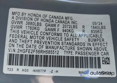 2024 Honda Civic Sport from USA, damaged, VIN 2HGFE2F56RH585512